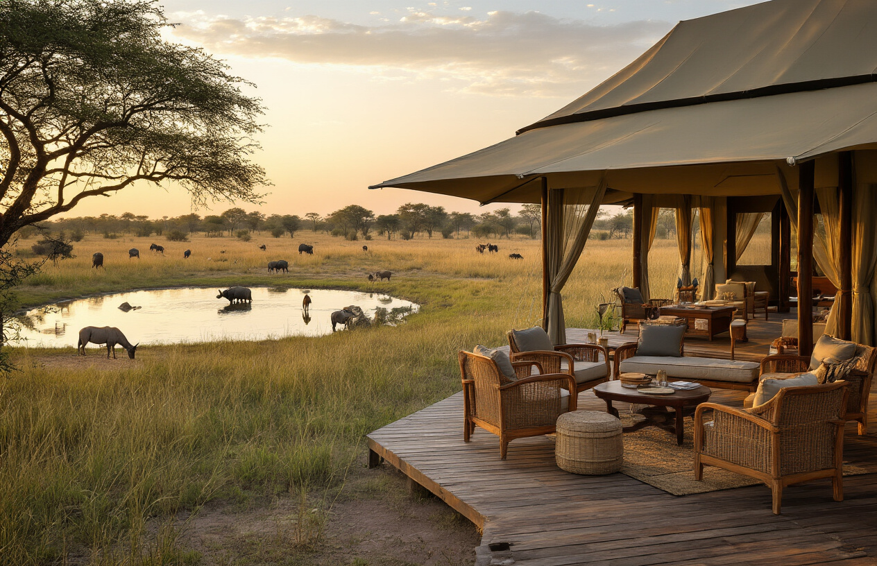 realistic image of a luxury safari camp in Botswana with an elegant open-air lounge area featuring high-end canvas tents, polished wooden furniture, and a pristine watering hole visible in the background with African wildlife grazing nearby, the scene bathed in warm golden hour light suggesting exclusivity and high-end travel, with a sense of remote wilderness and premium experience, evoking the contrast between lavish comfort and raw African nature, Absolutely NO text should be in the scene.