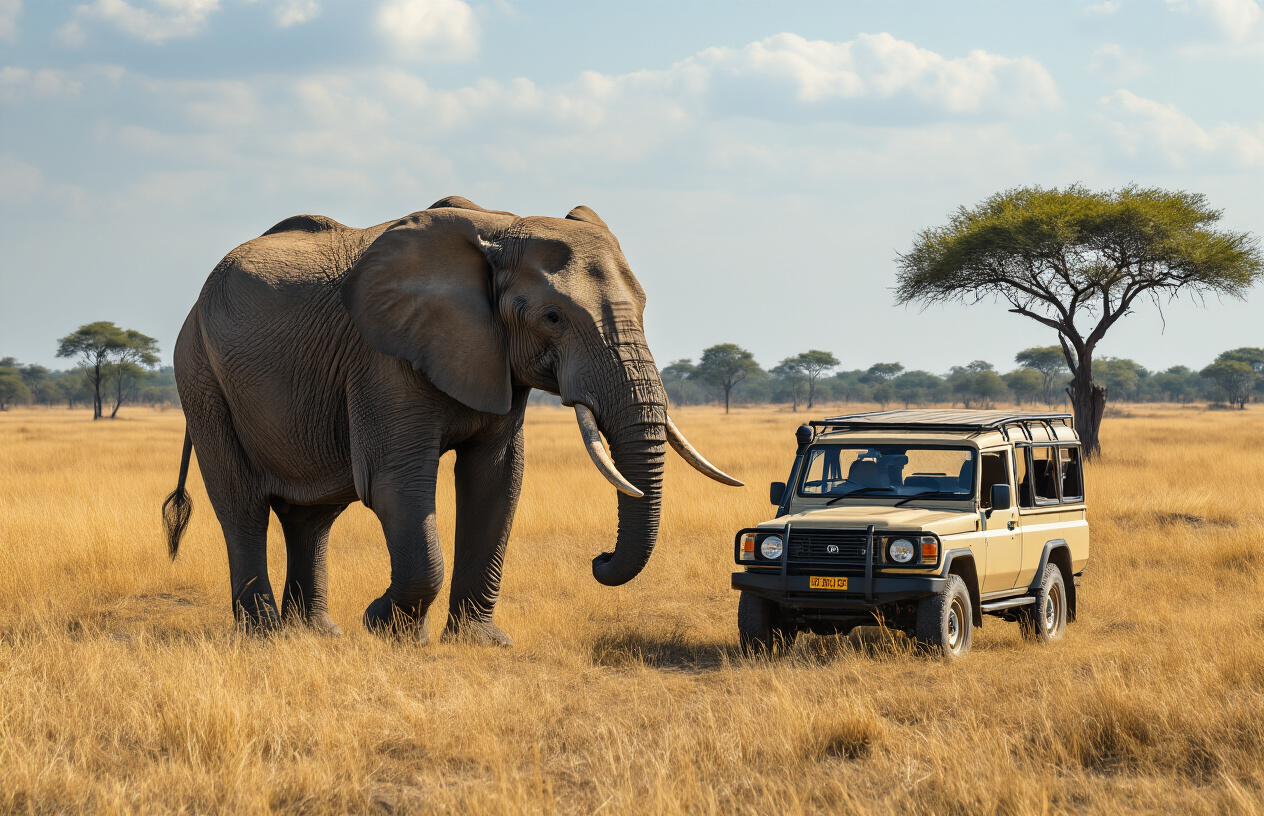 realistic image of a massive African elephant walking dangerously close to an open safari jeep in the Okavango Delta, Botswana, with no fence or barrier between them, the elephant's sheer size dwarfing the vehicle, its tusks and wrinkled skin visible in sharp detail, dry golden savanna grass and scattered acacia trees in the background, raw and unfiltered wilderness atmosphere, harsh natural midday sunlight casting strong shadows, conveying an intense and humbling sense of how close and unpredictable wildlife encounters truly are in the wild. Absolutely NO text should be in the scene.