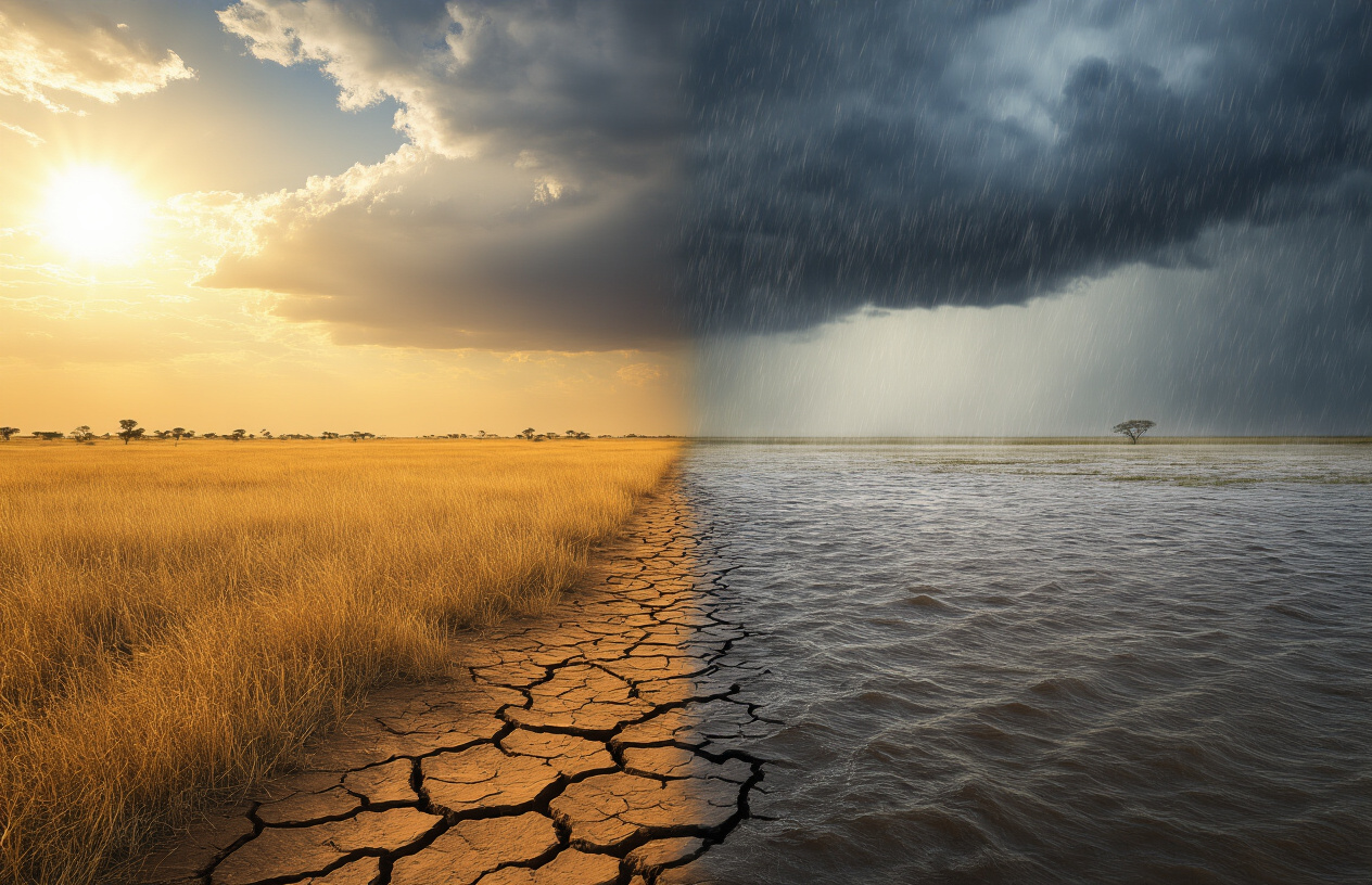 realistic image of a dramatic Botswana landscape split between two contrasting weather conditions, with one side showing an intensely hot, dry, sun-scorched savanna with cracked earth and golden grass under a blazing sun, and the other side showing a sudden torrential downpour with dark storm clouds and heavy rain flooding the same flat terrain, creating a striking visual contrast that captures the unpredictable and extreme climate of the region, with moody and dramatic lighting that emphasizes the sharp weather contrast, no people in the scene, and a vast open sky dominating the composition. Absolutely NO text should be in the scene.