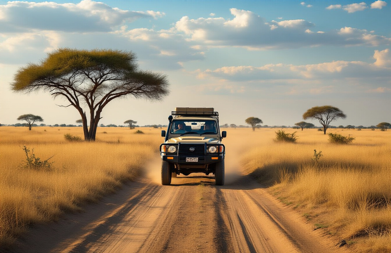 realistic image of a rugged 4x4 safari vehicle driving through a vast, remote dirt track in the Botswana wilderness, surrounded by dry golden savanna grass and scattered acacia trees under a wide open sky, with no paved roads in sight, conveying a sense of raw, off-the-beaten-path adventure far from typical tourist infrastructure, warm afternoon sunlight casting long shadows across the dusty terrain, creating a mood of isolation and untamed exploration. Absolutely NO text should be in the scene.