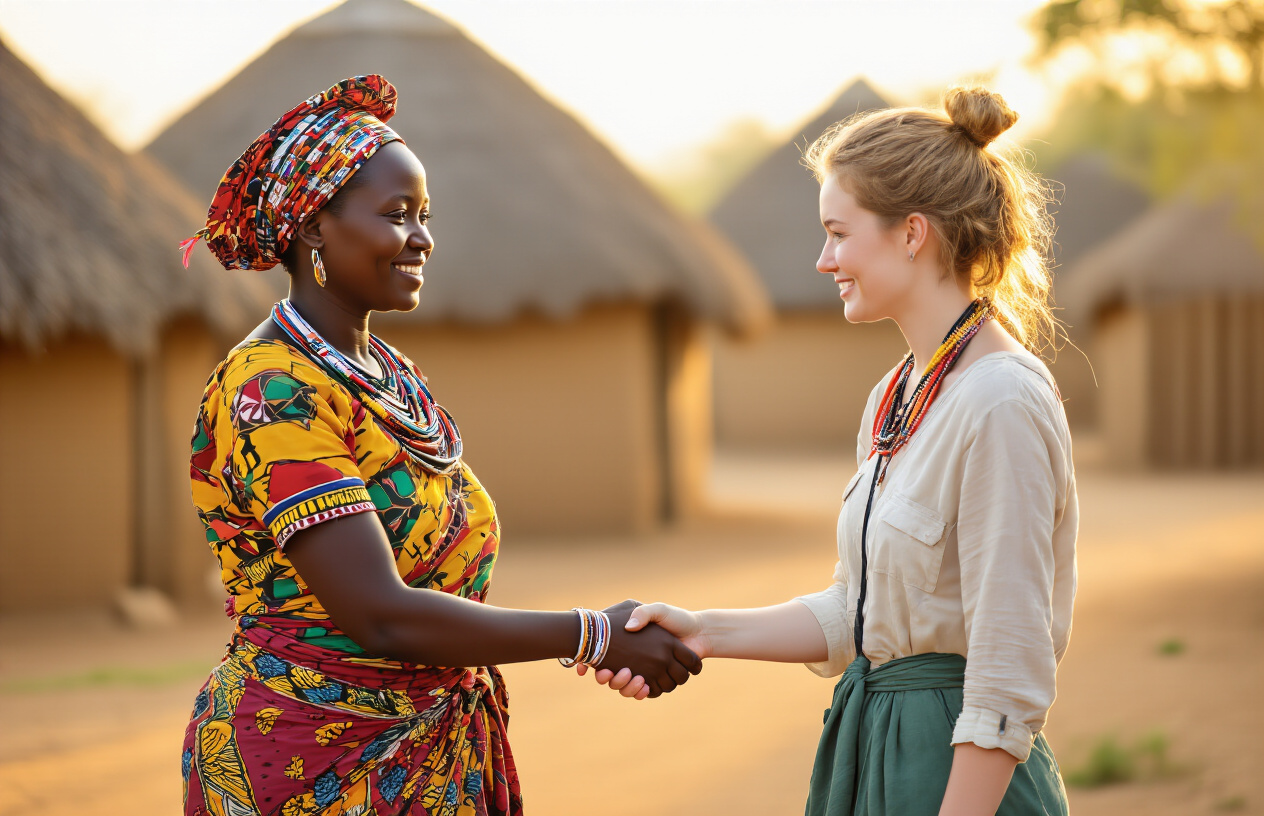 realistic image of a black Botswana local woman in traditional colorful attire warmly greeting a white female tourist with a respectful two-handed handshake, set in a rural village with traditional thatched-roof huts in the background, soft golden afternoon light casting a warm and welcoming atmosphere, conveying cultural respect and genuine connection between visitor and local. Absolutely NO text should be in the scene.