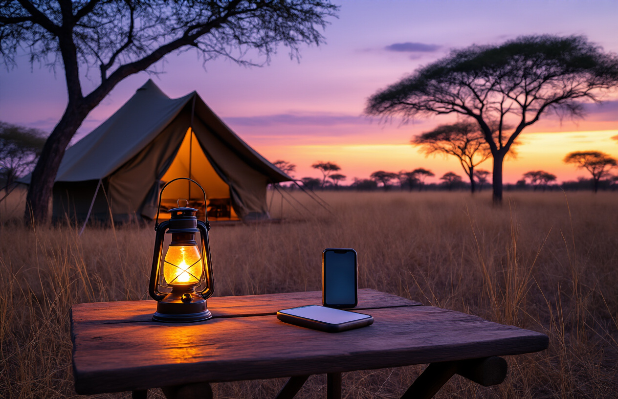 realistic image of a rustic safari camp tent in the African bush of Botswana at dusk, with a smartphone showing no signal bars placed on a simple wooden camp table alongside a handheld lantern casting a warm golden glow, surrounded by dry savanna grass and acacia trees in the background, conveying a sense of remote isolation and off-grid simplicity, with soft ambient lighting blending the lantern's warm light with the fading purple-orange sky, evoking the raw, disconnected yet peaceful reality of bush living. Absolutely NO text should be in the scene.