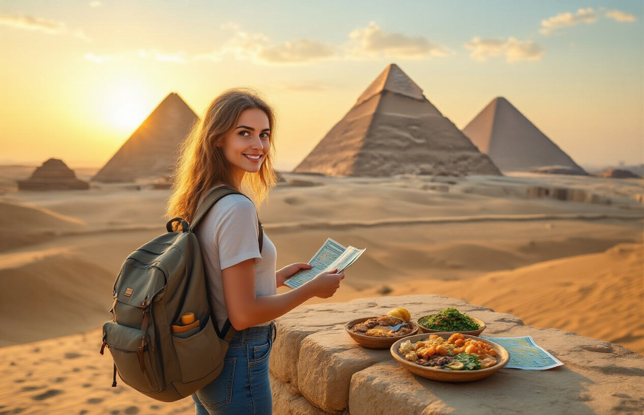 realistic image of a budget-conscious traveler, a white female, standing confidently in front of the iconic Egyptian pyramids of Giza at golden hour, holding a small travel backpack, with a simple local meal spread on a nearby stone ledge, Egyptian pounds and a map subtly visible in her open bag, warm amber sunlight casting long shadows across the sandy desert landscape, conveying a sense of adventure, smart travel, and satisfaction, with a calm and inspiring mood. Absolutely NO text should be in the scene.