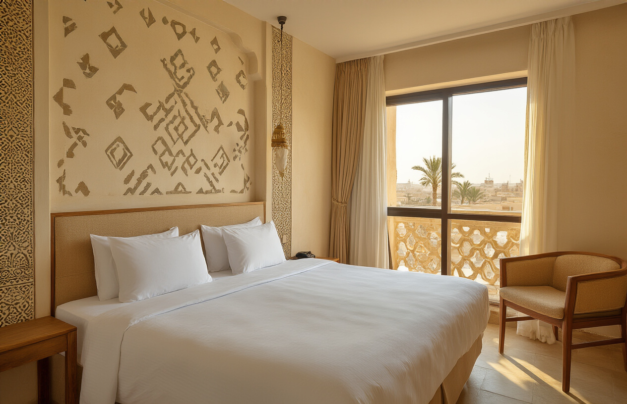 realistic image of a cozy and comfortable budget hotel room in Egypt, featuring a neatly made bed with clean white linens, simple but charming decor with subtle Egyptian design touches such as geometric patterns on the walls or decorative accents, a small window letting in warm golden natural light, and a tidy, welcoming atmosphere that feels affordable yet pleasant, with a view or hint of an Egyptian cityscape or palm trees outside the window, conveying comfort without luxury, warm and inviting mood. Absolutely NO text should be in the scene.