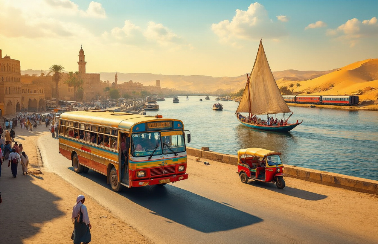 realistic image of a busy Egyptian transportation hub featuring a colorful local bus and a traditional felucca boat on the Nile River in the background, with budget-friendly transport options visible such as a tuk-tuk and a train in the distance, set under warm golden sunlight with a vibrant and adventurous mood, showcasing the diverse and affordable ways to travel across Egypt, with the iconic desert landscape and ancient architecture subtly visible in the background. Absolutely NO text should be in the scene.
