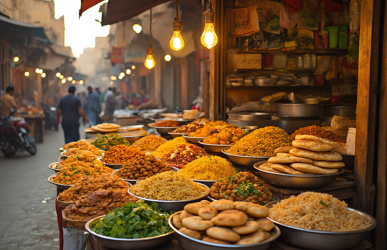 realistic image of a vibrant Egyptian street food stall displaying an abundant spread of affordable local dishes including falafel, koshari, and fresh flatbread, with warm golden lighting illuminating the colorful food, set against a bustling Cairo market background with rustic wooden stalls and locals in the distance, conveying an inviting and authentic atmosphere of budget-friendly Egyptian cuisine. Absolutely NO text should be in the scene.
