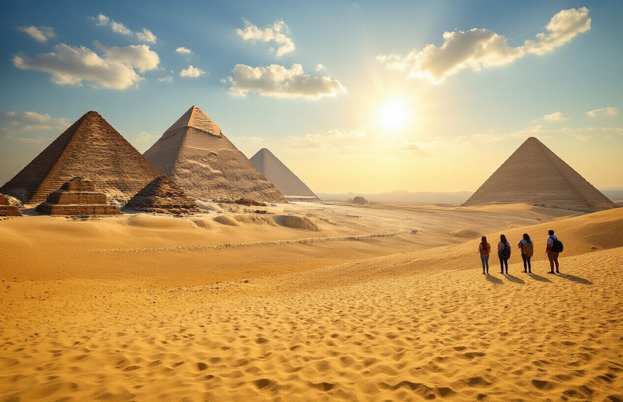 realistic image of the iconic Egyptian pyramids of Giza under a bright sunny sky, with a wide sandy foreground showing a budget-friendly scene where a small group of tourists observe the pyramids from a distance, capturing the grandeur of the ancient structures without expensive close-up access, warm golden sunlight casting long shadows across the desert landscape, conveying a sense of adventure and smart travel, with the vast blue sky enhancing the majestic atmosphere. Absolutely NO text should be in the scene.