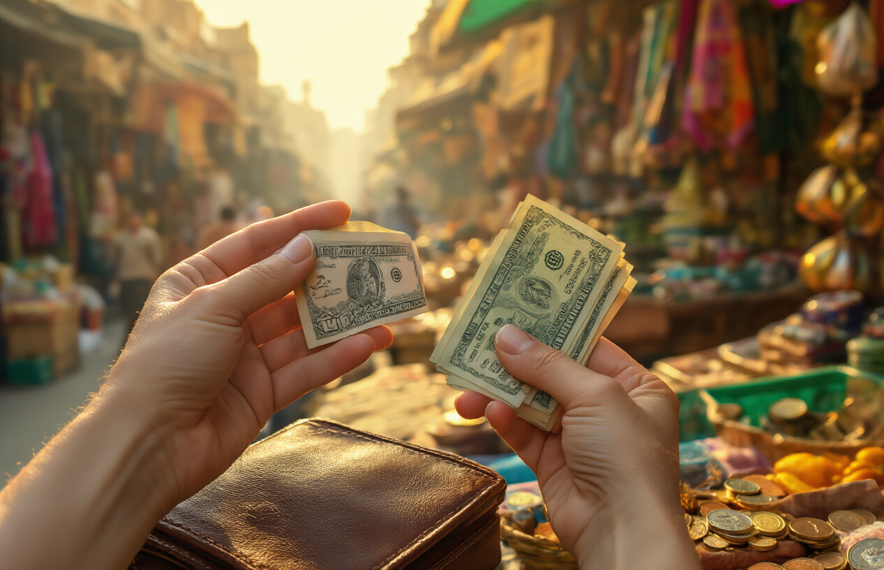 realistic image of a close-up shot of a pair of hands holding a small amount of Egyptian pound banknotes and coins, with a worn leather travel wallet nearby, set against a background of a bustling Egyptian market with colorful stalls and goods, warm golden sunlight filtering through the scene, conveying a sense of careful budgeting and smart spending while traveling, with a practical and resourceful mood. Absolutely NO text should be in the scene.