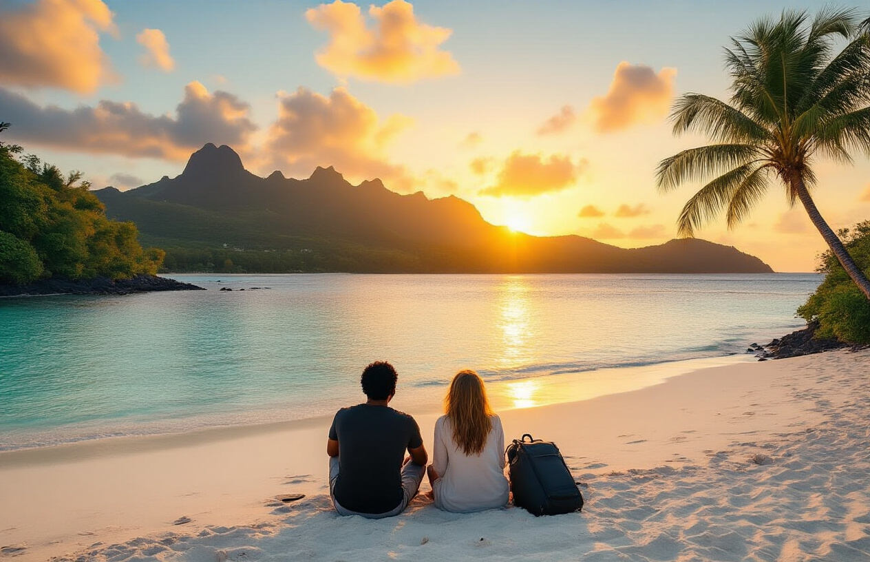 realistic image of a breathtaking winter sunset over a pristine Mauritius beach, with calm turquoise waters gently lapping against a white sandy shore lined with swaying palm trees, a black male traveler and a white female traveler sitting together on the beach with luggage nearby, gazing at the golden horizon in a relaxed and fulfilled manner, the scene bathed in warm golden hour light with a few wispy clouds painting the sky in hues of orange and pink, evoking a sense of peaceful discovery and satisfaction, with lush green tropical hills visible in the distance under a clear winter sky, Absolutely NO text should be in the scene.