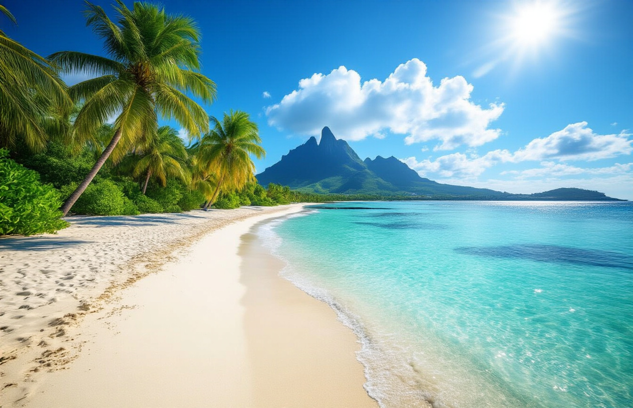 realistic image of a stunning Mauritius beach scene during winter, featuring crystal-clear turquoise waters, pristine white sandy shores, and lush green palm trees swaying gently under a bright blue sky with soft white clouds, the beach is uncrowded and peaceful, with golden sunlight casting a warm glow over the scenery, a calm and inviting atmosphere highlighting the ideal weather conditions, the ocean is perfectly clear and calm, with gentle waves lapping the shore, showcasing the paradise-like beauty of Mauritius in its most serene and uncrowded state. Absolutely NO text should be in the scene.