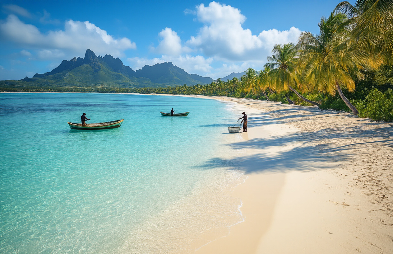realistic image of a pristine, uncrowded beach in Mauritius during winter, with crystal-clear turquoise water gently lapping against white sand shores, a couple of local black fishermen peacefully casting nets in the calm sea in the background, lush palm trees swaying softly in a gentle breeze, the overall scene bathed in warm, golden soft sunlight with a relaxed and serene atmosphere that conveys tranquility and authenticity, with no tourists or crowds in sight, emphasizing the peaceful and unspoiled natural beauty of the destination. Absolutely NO text should be in the scene.