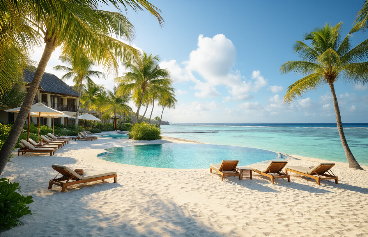 realistic image of a luxurious Mauritius beach resort with empty, pristine white sand beaches and crystal-clear turquoise waters, featuring a welcoming resort pool area with vacant sun loungers, conveying a sense of peaceful exclusivity during the quiet off-peak season, with soft golden afternoon lighting casting a warm glow over the tropical landscape, lush palm trees swaying gently, and a sense of serene tranquility suggesting great value and availability, with no crowds in sight. Absolutely NO text should be in the scene.