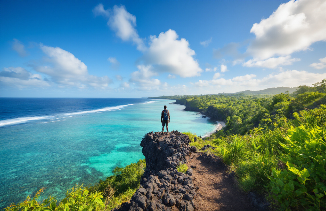 realistic image of a vibrant outdoor adventure scene in Mauritius during winter, featuring a black male hiker standing on a dramatic rocky coastal cliff overlooking the turquoise Indian Ocean, with lush green tropical vegetation surrounding the trail, clear blue skies with soft white clouds, and bright natural sunlight casting warm tones across the landscape, conveying a sense of energy, freedom, and perfect weather for exploration. Absolutely NO text should be in the scene.
