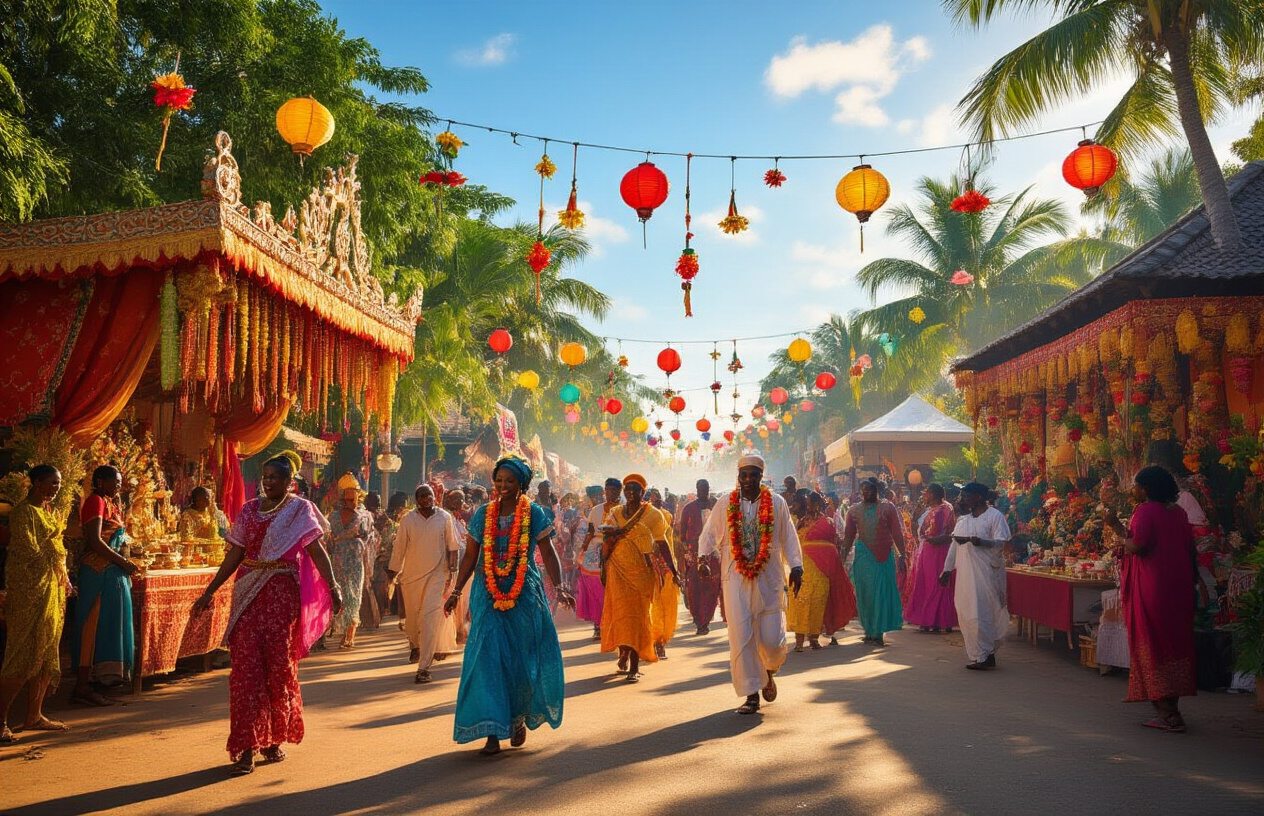 realistic image of a vibrant outdoor cultural festival in Mauritius during winter, featuring a colorful street celebration with traditional Mauritian decorations including bright fabric lanterns, flower garlands, and ornate ceremonial displays, with a diverse group of Black and South Asian Mauritian men and women dressed in traditional festive attire dancing and celebrating joyfully, set against a backdrop of lush tropical greenery and a clear blue winter sky, bathed in warm golden late-afternoon sunlight that creates a festive and lively atmosphere. Absolutely NO text should be in the scene.