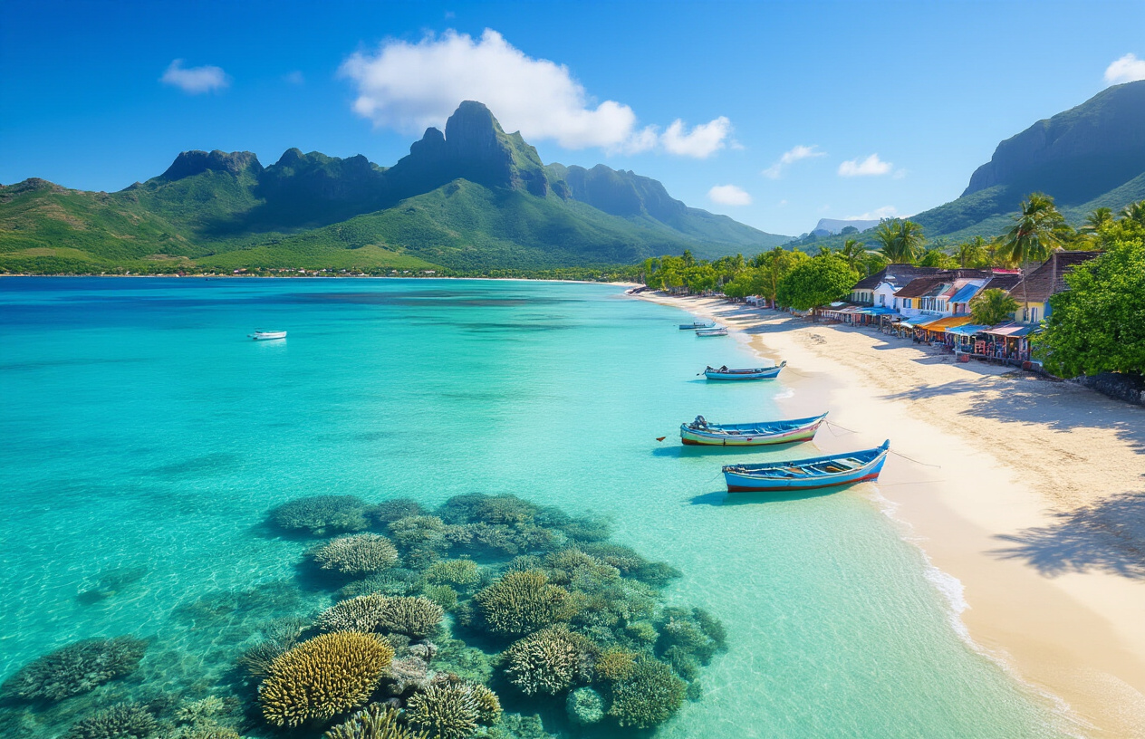 realistic image of a stunning collage-style scene showcasing iconic Mauritius winter destinations, featuring a pristine turquoise lagoon with calm waters bordered by white sandy beaches, lush green mountains in the background under a bright and clear blue winter sky, a vibrant coral reef visible beneath the crystal-clear shallow water in the foreground, and a charming coastal village with colorful fishing boats gently resting on the shore, the overall mood being serene, inviting, and picturesque with soft golden sunlight illuminating the landscape, Absolutely NO text should be in the scene.