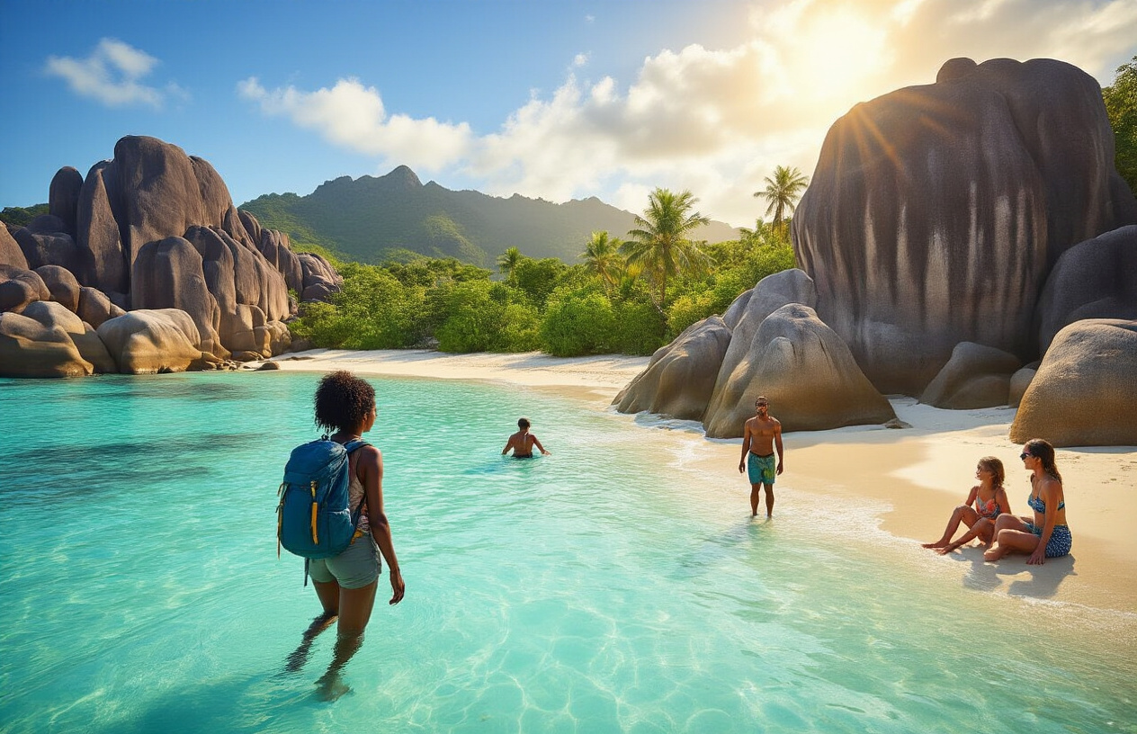 realistic image of a vibrant and diverse travel scene in Seychelles featuring a stunning beach with crystal-clear turquoise water, giant granite boulders, and lush tropical greenery in the background, where a mixed group of travelers including a black female hiker with a backpack, a white male snorkeler near the shoreline, and a multiracial family with children enjoying the surroundings, all capturing a sense of adventure, joy, and discovery beyond romance, bathed in warm golden sunlight that highlights the natural beauty and accessibility of the destination, conveying an inclusive and inviting atmosphere that represents diverse travel experiences. Absolutely NO text should be in the scene.