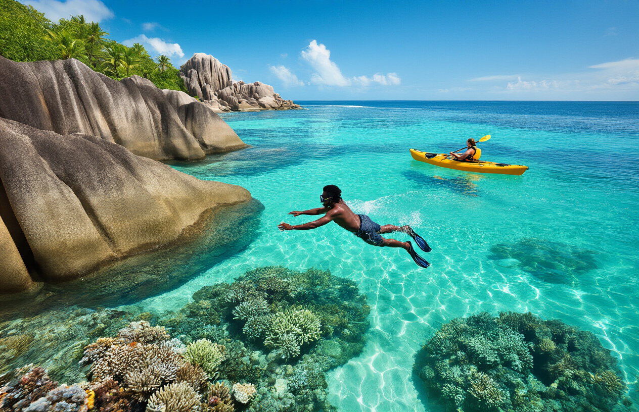 realistic image of a dynamic adventure scene in Seychelles featuring a black male snorkeler diving into crystal-clear turquoise waters surrounded by dramatic granite boulders, with a kayaker paddling in the background near a lush tropical coastline, vibrant coral reefs visible beneath the water's surface, bright midday sunlight casting sparkling reflections on the ocean, conveying an energetic and exhilarating mood that showcases the island's world-class adventure potential beyond romance. Absolutely NO text should be in the scene.