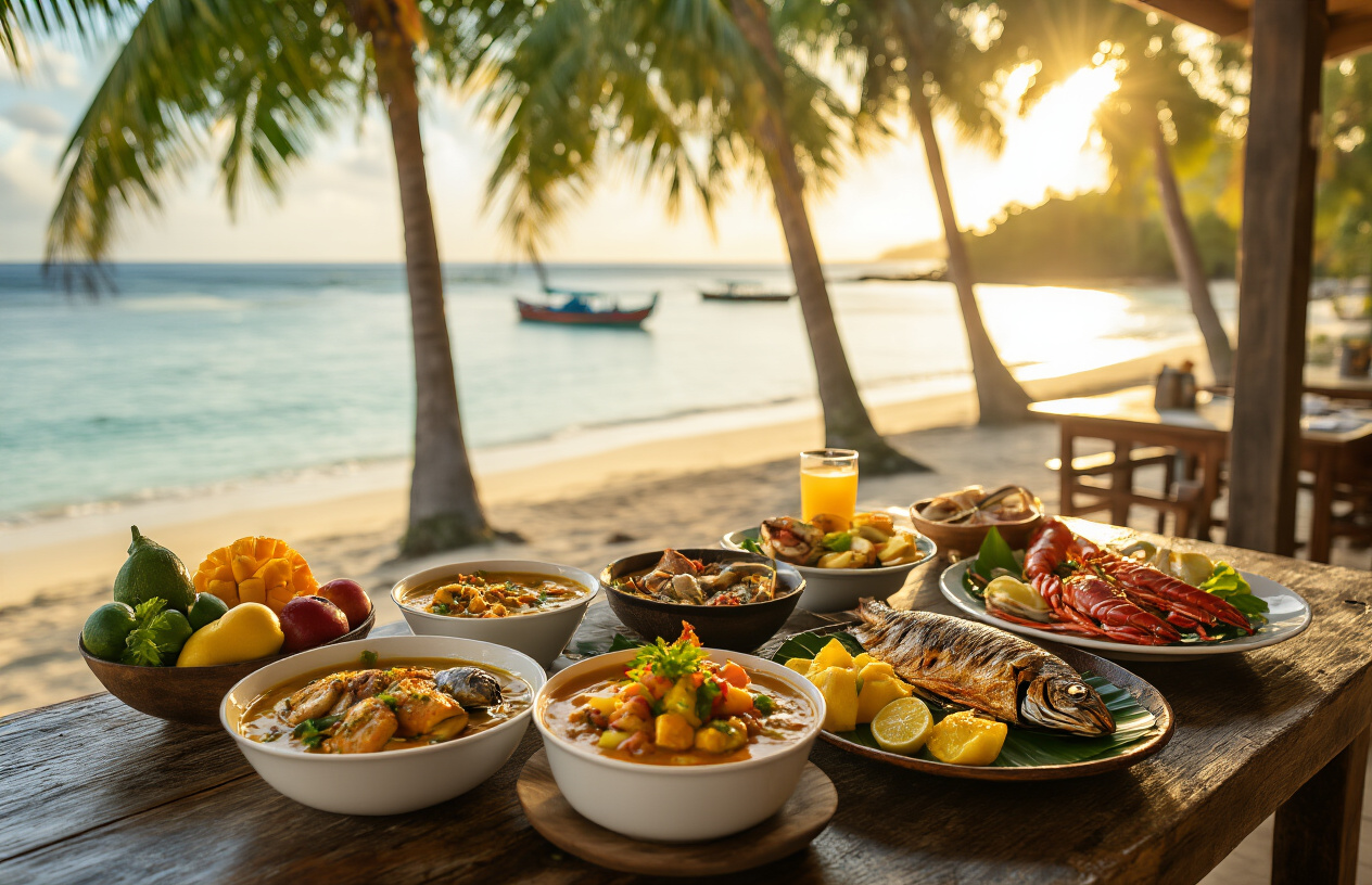 realistic image of a beautifully presented spread of Seychellois cuisine on a rustic wooden table, featuring vibrant dishes such as grilled fish, coconut curry, fresh tropical fruits, and seafood platters garnished with exotic herbs and spices, set in an open-air beachside restaurant with soft golden sunlight filtering through palm trees in the background, creating a warm and inviting atmosphere that highlights the richness and diversity of the local food scene. Absolutely NO text should be in the scene.