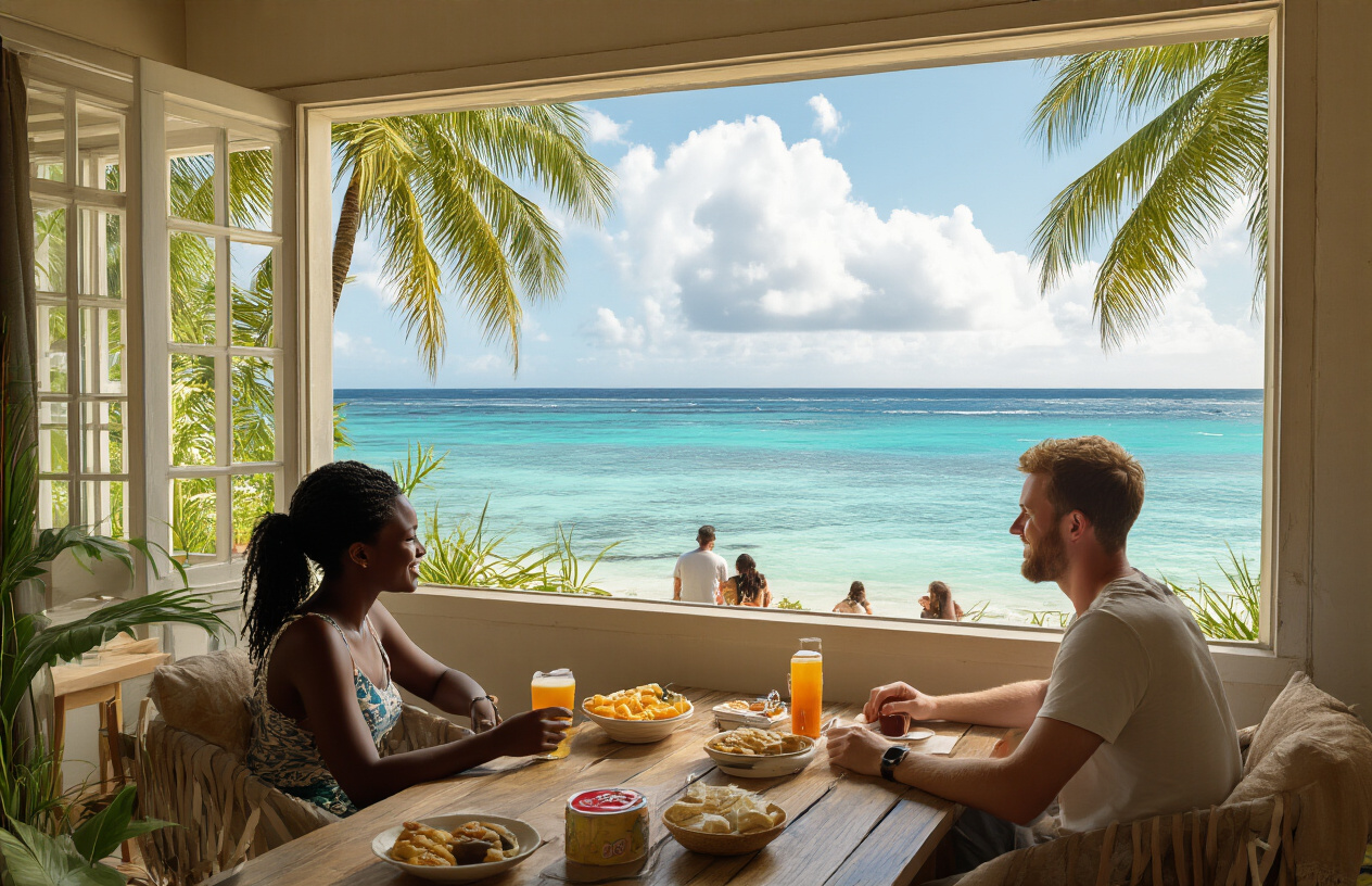 realistic image of a clean and comfortable budget guesthouse or hostel common area in Seychelles, with a few diverse travelers including a black female and a white male relaxing and socializing, surrounded by simple but charming tropical decor, large windows revealing a stunning turquoise ocean view and lush palm trees outside, a few affordable local snacks and drinks on the table, warm and inviting natural lighting filling the room, conveying a sense of accessibility and casual travel without sacrificing beauty, with a cheerful and relaxed atmosphere. Absolutely NO text should be in the scene.