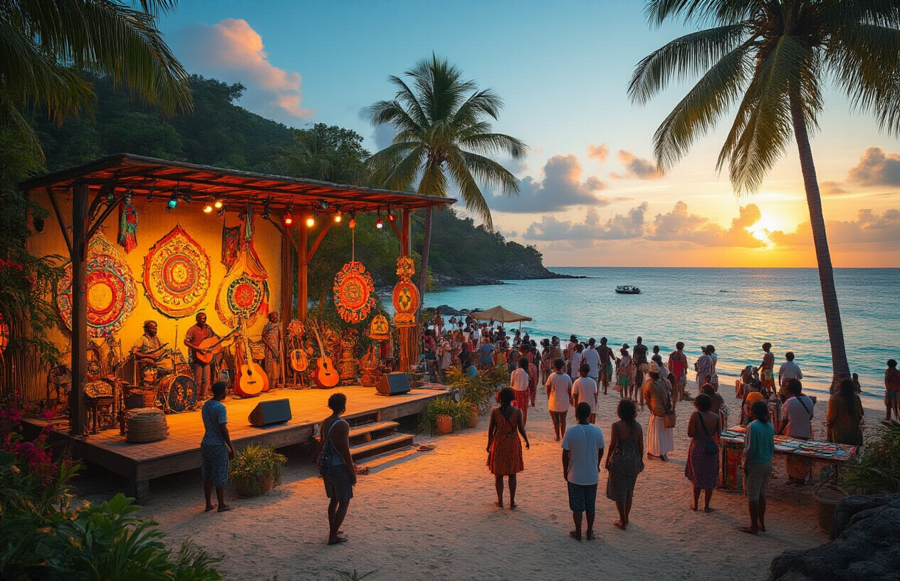 realistic image of a vibrant outdoor cultural festival in Seychelles, featuring colorful traditional Creole decorations, handcrafted art displays, and local musical instruments arranged on a lively open-air stage near a tropical beachside setting, with a diverse crowd of black and white male and female festival-goers exploring art stalls and enjoying live performances, warm golden evening lighting casting a festive glow over the scene, lush palm trees and turquoise ocean visible in the background, creating an energetic and celebratory atmosphere. Absolutely NO text should be in the scene.