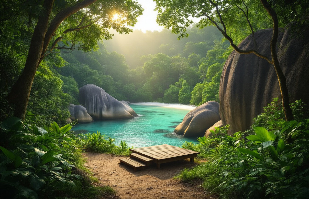 realistic image of a serene eco-tourism scene in Seychelles, featuring a nature trail winding through lush tropical rainforest with giant granite boulders and exotic endemic plants, a small wooden meditation platform overlooking a pristine turquoise lagoon surrounded by dense jungle, soft golden morning light filtering through the forest canopy creating dappled shadows, the atmosphere conveying deep tranquility and connection with nature, no spa or resort elements visible, emphasizing raw natural beauty and sustainable immersion in the environment. Absolutely NO text should be in the scene.