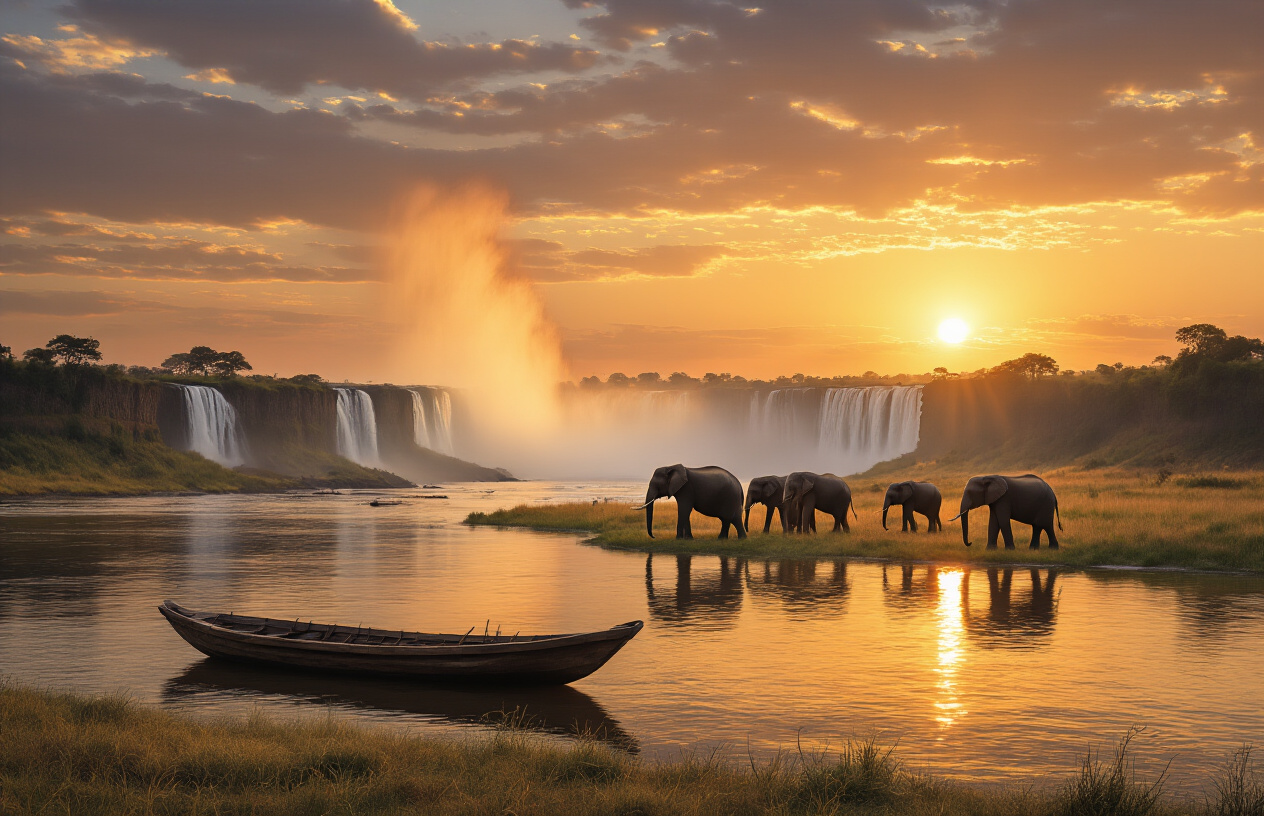 realistic image of a breathtaking panoramic view of Zambia's wilderness at golden hour, featuring Victoria Falls in the background with its massive mist rising dramatically, a herd of elephants grazing peacefully on the savanna in the mid-ground, and a small traditional wooden boat on the calm Zambezi River in the foreground, the warm amber and orange tones of the setting sun casting a magical glow across the entire landscape, creating an awe-inspiring and inviting atmosphere that captures the essence of Zambia's wildlife, natural wonders, and untamed beauty, Absolutely NO text should be in the scene.