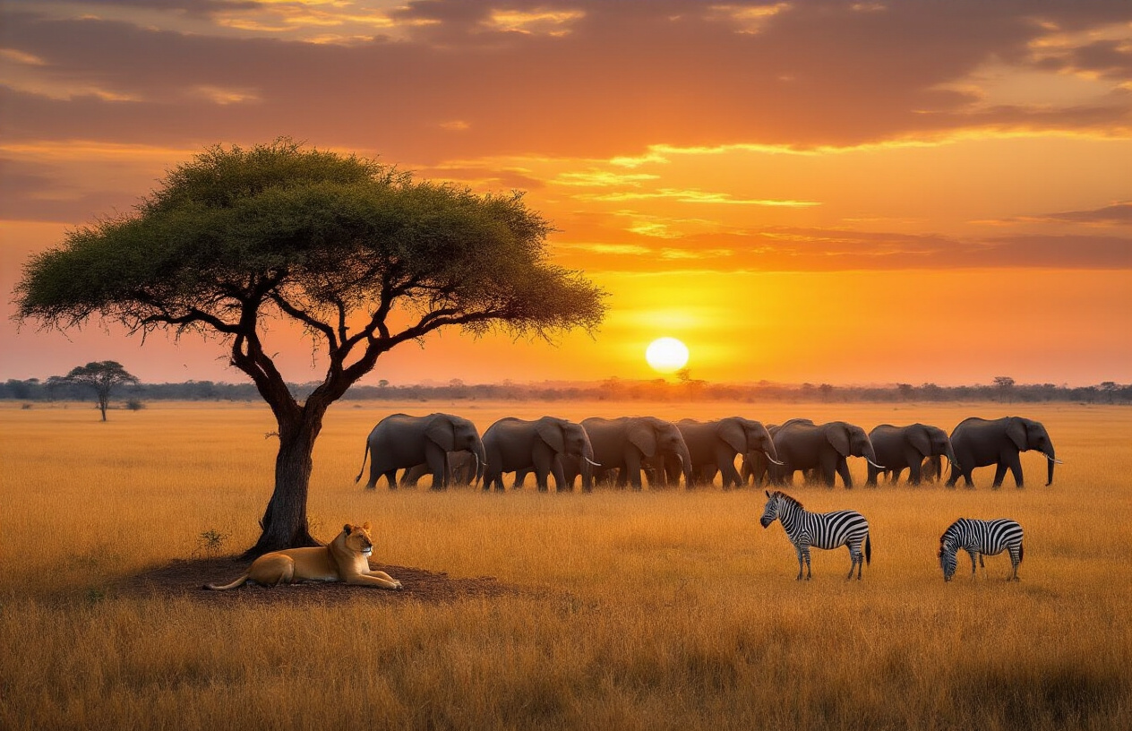 realistic image of a majestic African elephant herd crossing a golden savanna in Zambia's South Luangwa National Park, with a lioness resting under an acacia tree in the foreground and a vibrant sunset casting warm orange and amber hues across the vast landscape, while a pair of zebras graze peacefully in the mid-ground, capturing the rich biodiversity and untouched wilderness of Zambia in a breathtaking, awe-inspiring scene. Absolutely NO text should be in the scene.