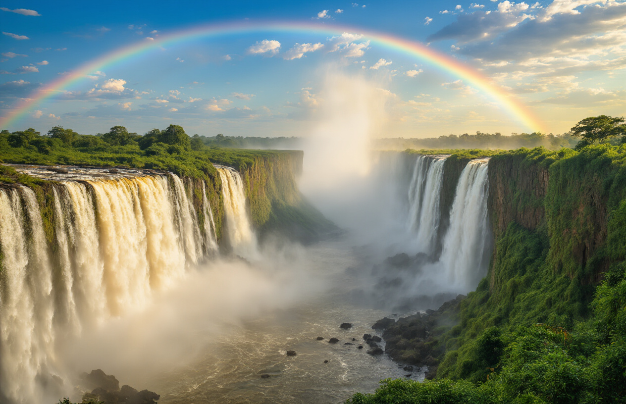 realistic image of a breathtaking panoramic view of Victoria Falls in Zambia, with massive curtains of white water cascading powerfully into the Zambezi River gorge below, creating a thick mist that rises high into the air and catches the golden light of the late afternoon sun, forming a vivid rainbow over the falls, lush tropical green vegetation lining the gorge edges, the scene conveying awe-inspiring grandeur and untouched natural beauty under a dramatic blue sky with scattered clouds. Absolutely NO text should be in the scene.