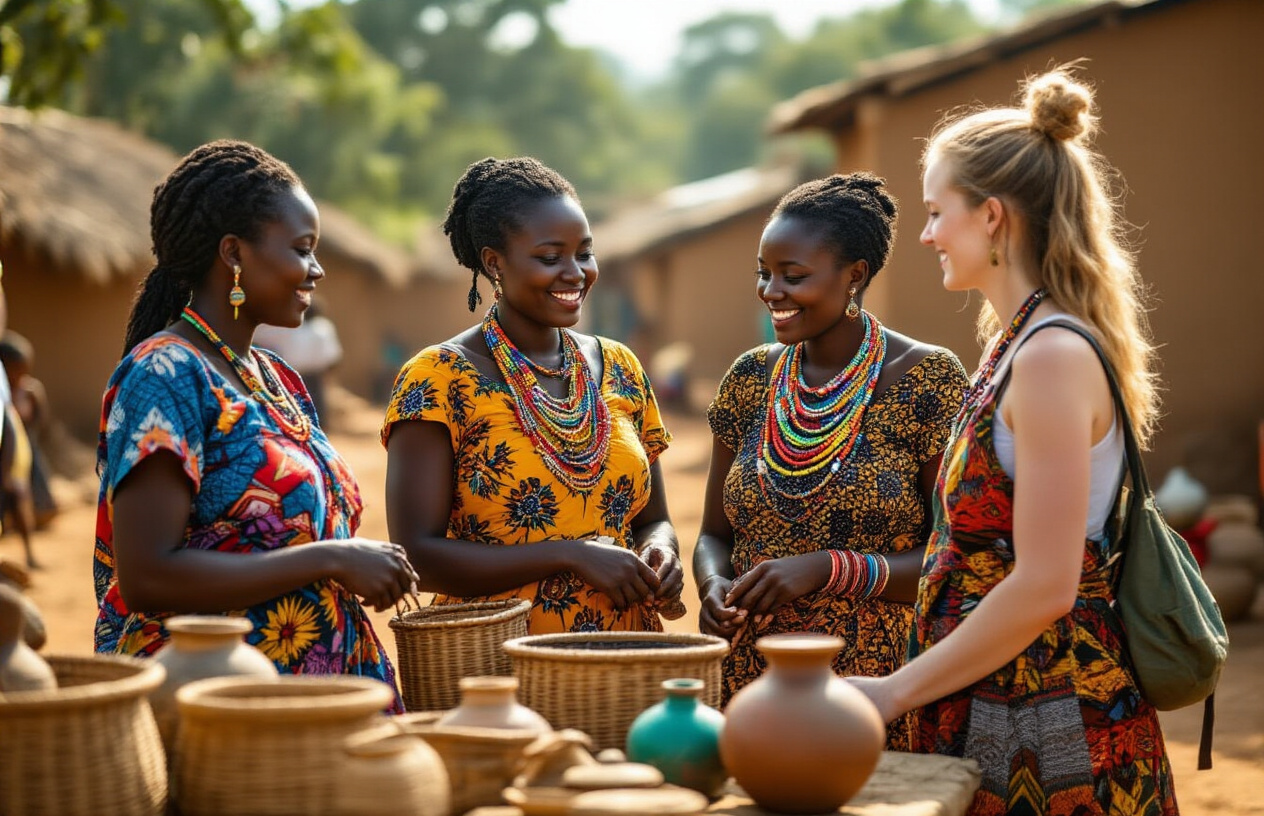 realistic image of a group of Black Zambian women dressed in vibrant traditional chitenge fabric clothing, warmly engaging with a female white tourist at a lively open-air village market, with handcrafted baskets, colorful beadwork, and local pottery displayed around them, the background featuring rustic mud-brick structures and lush greenery, the scene bathed in warm golden afternoon sunlight creating an inviting and culturally rich atmosphere. Absolutely NO text should be in the scene.