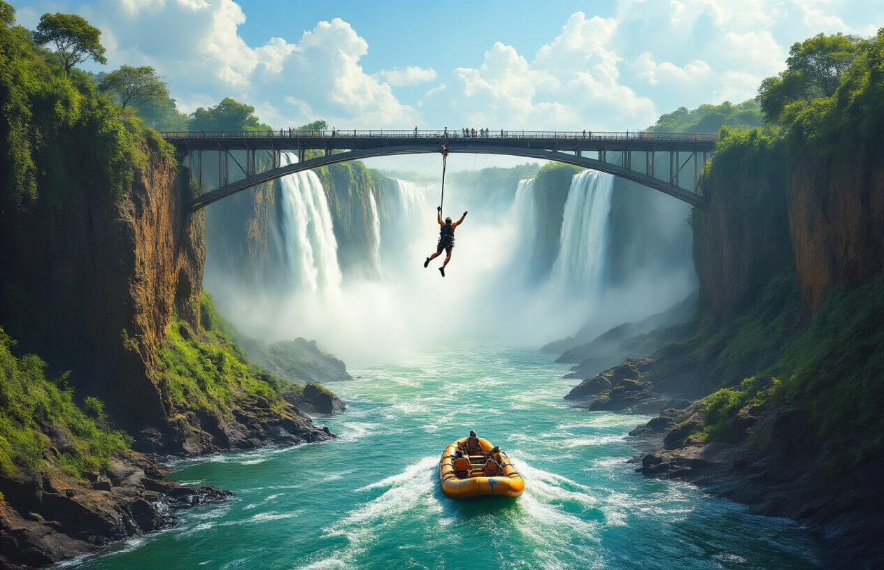 realistic image of a thrilling adventure scene in Zambia featuring a white male bungee jumper leaping off the Victoria Falls Bridge with the massive, mist-covered waterfall roaring in the background, while in the foreground a small raft navigates the wild, churning rapids of the Zambezi River, the scene bathed in bright natural sunlight creating a sense of exhilaration and raw natural beauty, with lush green vegetation lining the gorge walls and the turquoise-blue river contrasting against the rugged rocky terrain, conveying excitement and adventure. Absolutely NO text should be in the scene.