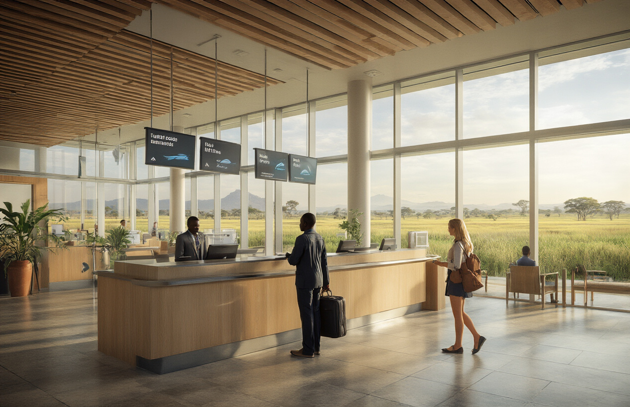 realistic image of a well-organized travel scene at a modern Zambian airport or border entry point, showing a clear and welcoming immigration desk with neat signage, a relaxed atmosphere with easy-to-navigate queues, warm natural lighting streaming through large windows, and a view of lush Zambian landscape visible outside, conveying a sense of accessibility and ease, with a friendly black male immigration officer assisting a white female traveler, both appearing calm and at ease, suggesting a smooth and straightforward travel experience. Absolutely NO text should be in the scene.