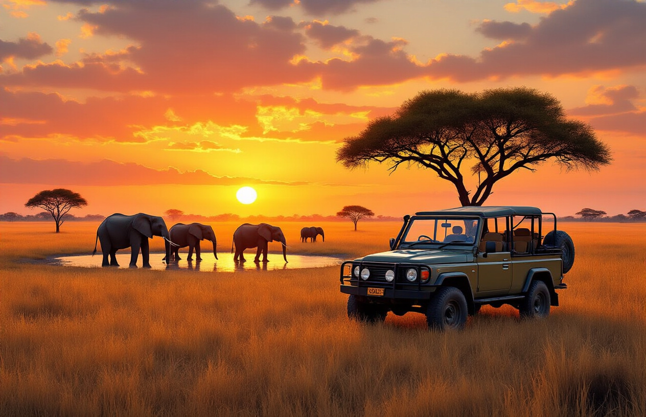 realistic image of a breathtaking Zimbabwe safari scene at golden hour, featuring a wide savanna landscape with acacia trees silhouetted against a warm orange and red sunset sky, a herd of elephants peacefully grazing in the background near a watering hole, a classic open-top safari jeep parked in the foreground with safari gear and binoculars resting on the hood, conveying a sense of adventure, fulfillment, and discovery, with soft warm light casting long shadows across the golden grassland, creating an inspiring and serene atmosphere that captures the essence of a perfectly planned safari journey. Absolutely NO text should be in the scene.
