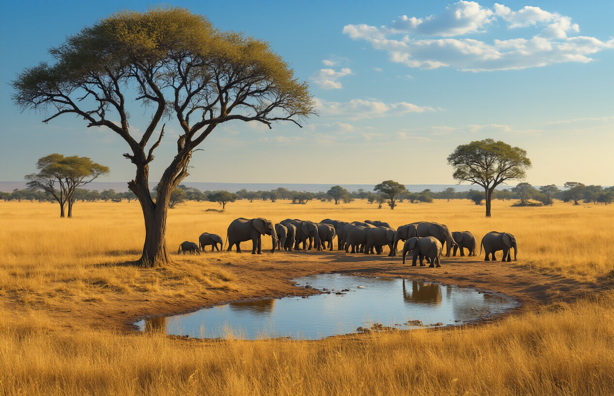 realistic image of a breathtaking Zimbabwe savanna landscape during the dry season, featuring golden grasslands stretching toward the horizon with scattered acacia trees, a large herd of elephants gathered near a shrinking watering hole under a warm, golden afternoon sun, a clear blue sky with minimal clouds, evoking a sense of ideal wildlife viewing conditions, with rich warm tones highlighting the peak safari season atmosphere. Absolutely NO text should be in the scene.