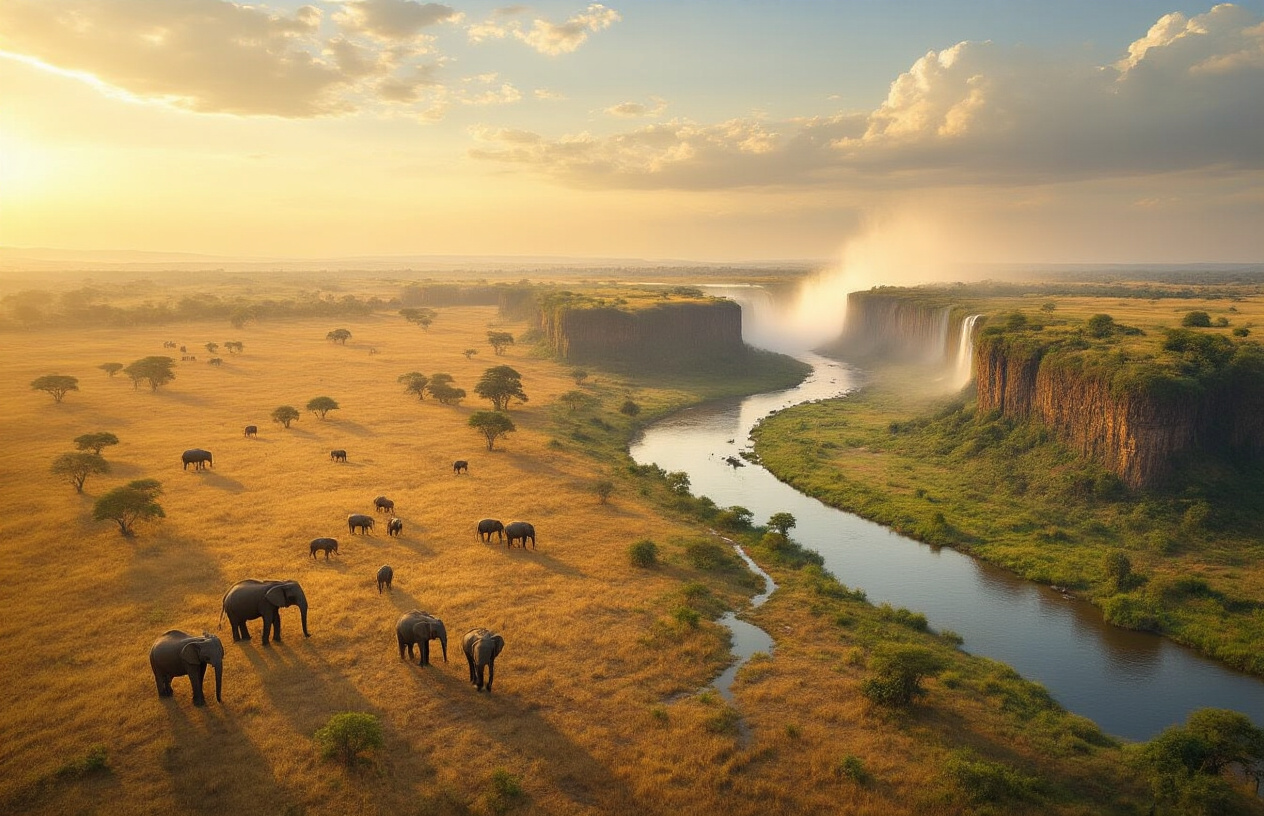 realistic image of a stunning aerial view of Zimbabwe's diverse safari landscapes, showcasing multiple iconic destinations including the vast golden savannah of Hwange National Park with elephant herds in the distance, the lush greenery of Mana Pools along a shimmering river, and the dramatic mist of Victoria Falls visible on the horizon, bathed in warm golden hour lighting that creates a breathtaking panoramic scene that highlights the variety of safari experiences available, with a mood that is adventurous and awe-inspiring. Absolutely NO text should be in the scene.