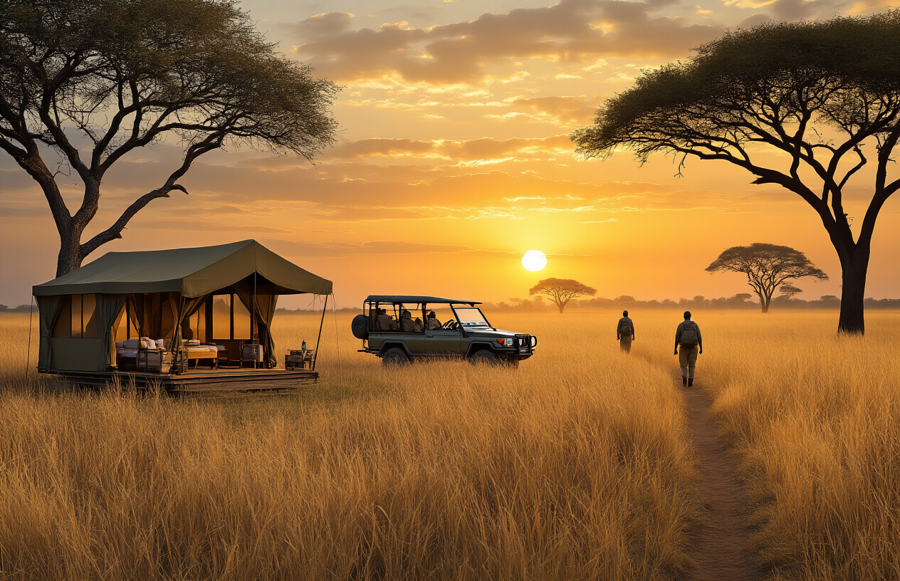 realistic image of a split-scene collage showing three distinct Zimbabwe safari styles side by side: a luxury tented camp with elegant furnishings in the foreground, a rugged open-top 4x4 safari jeep navigating through the African bush, and a walking safari trail through tall golden savanna grass, all set against a warm African sunset with acacia trees silhouetted in the background, conveying a sense of adventure and choice, with rich golden and amber lighting. Absolutely NO text should be in the scene.