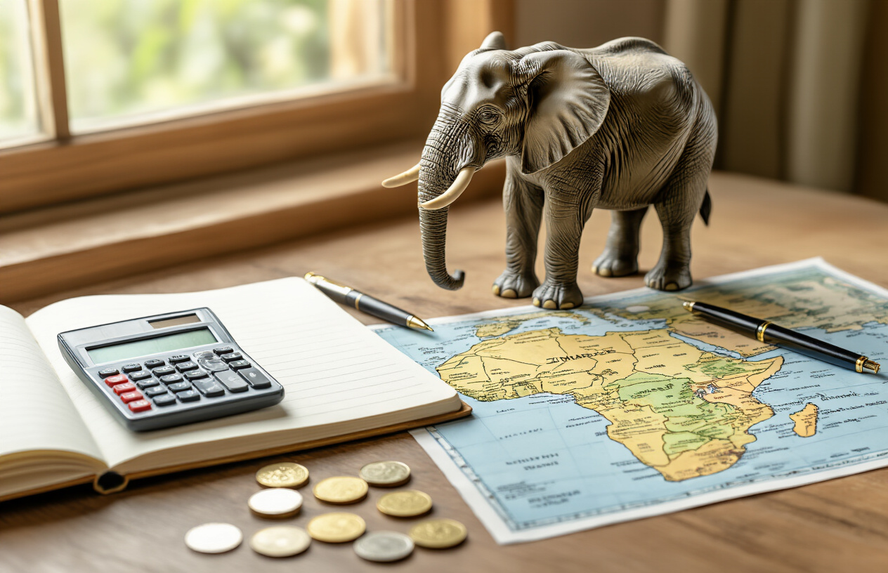 realistic image of a travel planning workspace with a open notebook, a calculator, some cash and coins, and a small decorative safari figurine of an elephant on a wooden desk, alongside a printed map of Zimbabwe and a pen, with soft natural window light illuminating the scene, conveying a sense of thoughtful trip preparation and financial planning, with a warm and organized atmosphere. Absolutely NO text should be in the scene.