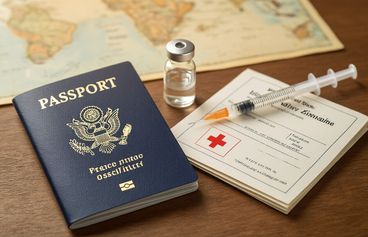 realistic image of a well-organized travel preparation setup on a wooden desk, featuring an open passport, a small vial and syringe representing vaccinations, a travel health kit with a first aid cross, and a neatly folded travel document or visa application form, with a subtle map of Zimbabwe or Africa visible in the background, warm and professional lighting creating a focused and prepared mood, Absolutely NO text should be in the scene.