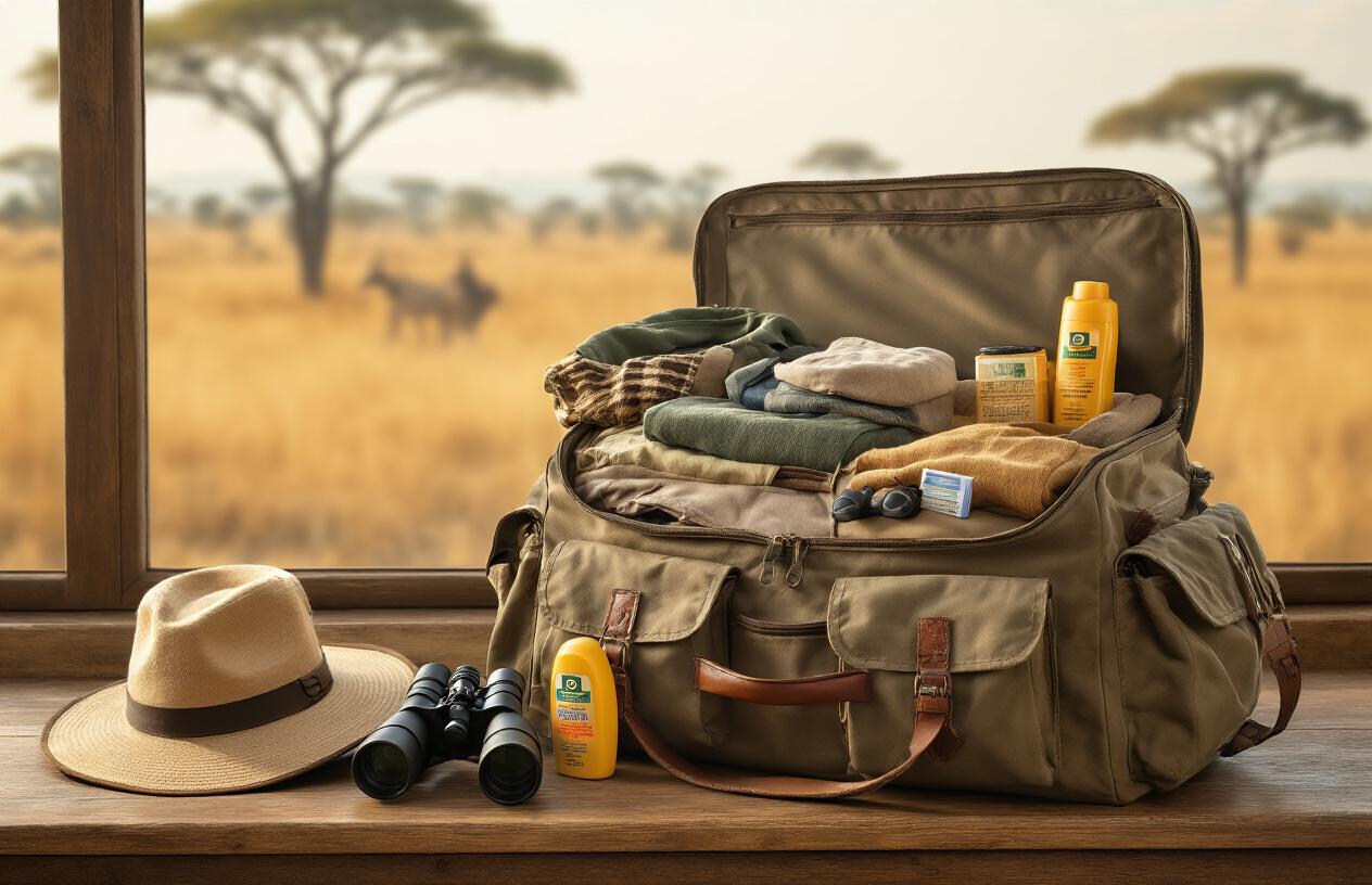 realistic image of an open safari duffel bag placed on a wooden surface, neatly packed with essential safari gear including khaki and neutral-toned clothing, a wide-brimmed hat, binoculars, sunscreen, and insect repellent, with a blurred African savanna landscape visible through a window in the background, warm golden natural lighting illuminating the scene, evoking a sense of adventure and careful preparation for a Zimbabwe wildlife safari. Absolutely NO text should be in the scene.