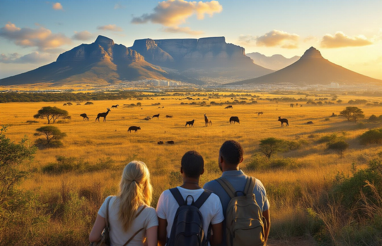 realistic image of a breathtaking panoramic view of South Africa's iconic landscape featuring a blend of natural and cultural highlights, including a sweeping savanna with wildlife silhouettes in the background, Table Mountain rising majestically on one side, and a vibrant foreground showing a diverse group of happy tourists, including a white female and a black male, gazing at the scenery with a sense of wonder and fulfillment, warm golden hour lighting casting a rich, inviting glow over the entire scene, evoking a mood of triumph, discovery, and the promise of an unforgettable travel experience. Absolutely NO text should be in the scene.