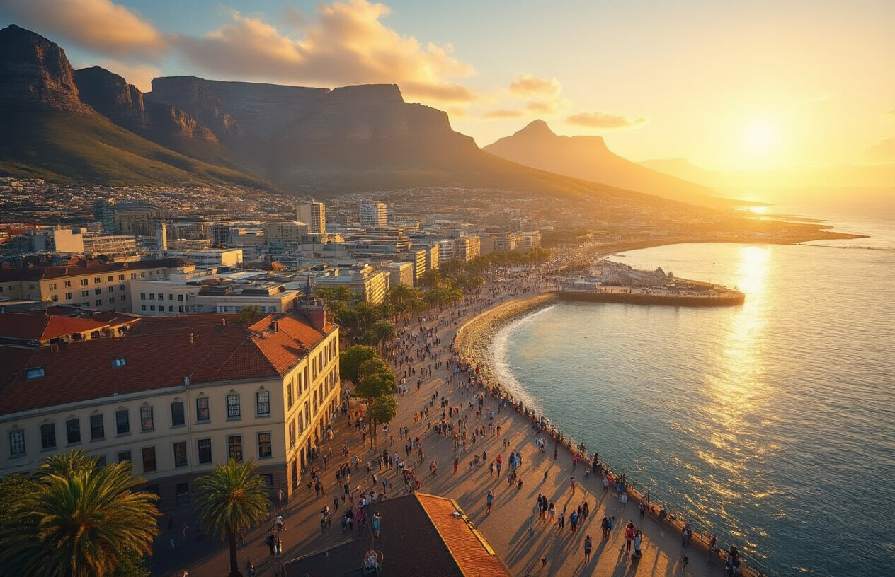 realistic image of a breathtaking aerial view of a iconic South African landmark such as Table Mountain overlooking Cape Town, with a bustling waterfront below filled with diverse tourists exploring the area, warm golden sunlight illuminating the cityscape and ocean in the background, conveying a sense of a thriving and vibrant tourist destination, with a celebratory and optimistic mood reflecting a major tourism milestone. Absolutely NO text should be in the scene.