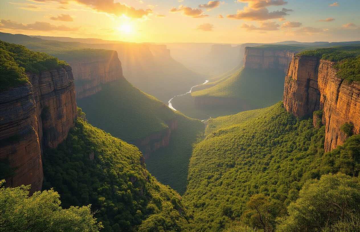 realistic image of a breathtaking panoramic view of South Africa's iconic Blyde River Canyon or Table Mountain, showcasing dramatic layered rock formations, lush green vegetation, and a vast natural landscape under a golden late-afternoon sky with warm, glowing sunlight illuminating the scenery, a sense of awe-inspiring grandeur filling the scene, with no human figures present, capturing the raw and majestic beauty of South Africa's world-class natural wonders that draw millions of tourists annually. Absolutely NO text should be in the scene.