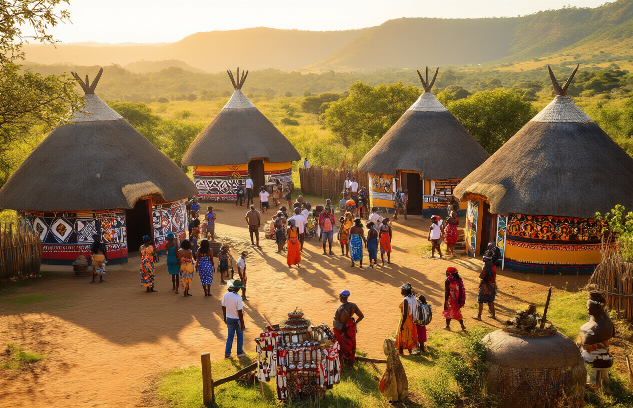 realistic image of a vibrant South African cultural scene featuring a diverse group of black and white male and female visitors gathered at a colorful traditional Zulu cultural village, with intricately decorated huts, traditional beadwork, and handcrafted artifacts displayed in the foreground, warm golden sunlight illuminating the scene, creating an atmosphere of wonder and cultural immersion, with lush African landscape visible in the background, capturing the rich diversity and heritage of South Africa. Absolutely NO text should be in the scene.