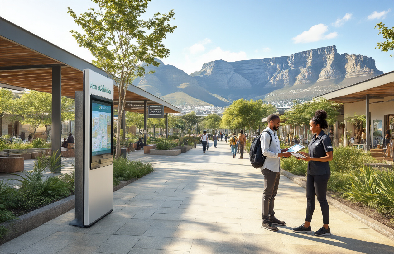 realistic image of a modern, well-designed South African tourist information hub or transit center, featuring clean pathways with clear directional signage, a sleek digital information kiosk, and a welcoming open-air architecture with African-inspired design elements, a black female staff member in a tourism uniform assisting a white male tourist with a map or tablet, lush greenery and bright natural sunlight illuminating the space, conveying a sense of ease, accessibility, and pleasant travel experience, with Table Mountain or a recognizable South African landmark subtly visible in the background, Absolutely NO text should be in the scene.