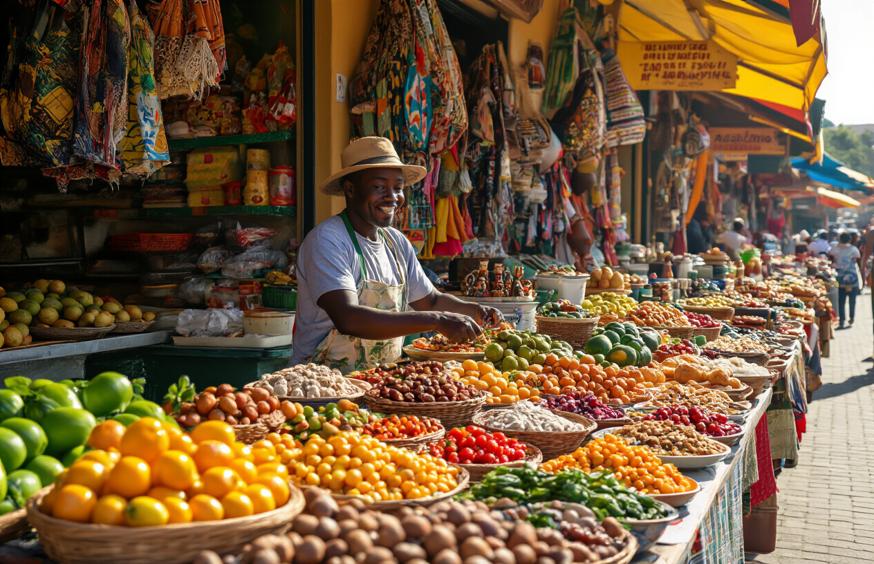 realistic image of a vibrant South African market or restaurant scene where a traveler is enjoying an abundant spread of local food and goods at visibly low prices, with colorful fresh produce, crafts, and meals displayed generously on stalls and tables, set against a warm, sunny South African backdrop with a cheerful and inviting atmosphere, bathed in bright natural daylight that highlights the richness and variety of affordable offerings, conveying exceptional value and abundance. Absolutely NO text should be in the scene.
