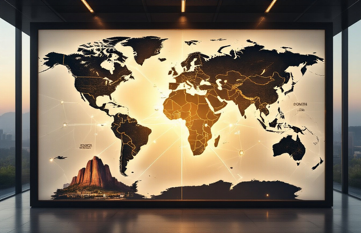 realistic image of a dynamic global marketing concept featuring a large illuminated world map as the centerpiece, with South Africa prominently highlighted in warm golden light, surrounded by interconnected glowing lines radiating outward to major cities across the globe, symbolizing international reach and tourism promotion, displayed in a modern professional setting with sleek dark background, dramatic lighting emphasizing the highlighted connections, and vibrant promotional imagery of iconic South African landmarks such as Table Mountain and safari landscapes subtly reflected around the map, conveying a sense of ambition, global influence, and successful tourism outreach. Absolutely NO text should be in the scene.