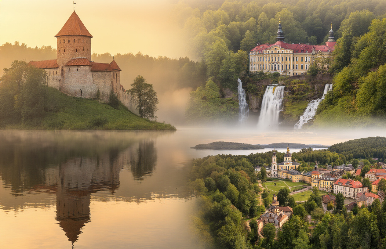 realistic image of a breathtaking collage-style panoramic scene showcasing the hidden beauty of the Baltic region, featuring a misty Trakai Island Castle reflected in calm lake waters on one side, a wide shimmering waterfall cascading through a quaint historic town, lush untouched forest landscapes of a national park, a grand baroque palace surrounded by manicured gardens, and a remote island coastline bathed in golden hour light, all blending seamlessly together in a warm, adventurous, and awe-inspiring mood with soft golden and amber tones illuminating the scene, evoking a sense of discovery and wonder, Absolutely NO text should be in the scene.
