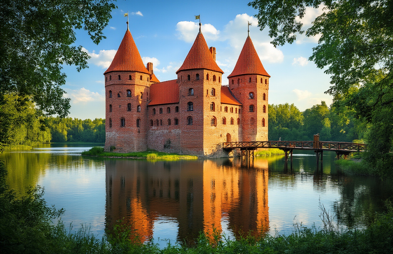 realistic image of Trakai Island Castle in Lithuania, a stunning red-brick Gothic medieval fortress surrounded by the calm, reflective waters of Lake GalvÄ, captured on a clear sunny day with soft golden light illuminating the castle's towers and red-tiled rooftops, with lush green trees framing the scene and a wooden bridge connecting the island to the shore, evoking a magical and fairy-tale atmosphere, shot from a wide-angle perspective to capture the full grandeur of the castle mirrored in the tranquil lake. Absolutely NO text should be in the scene.