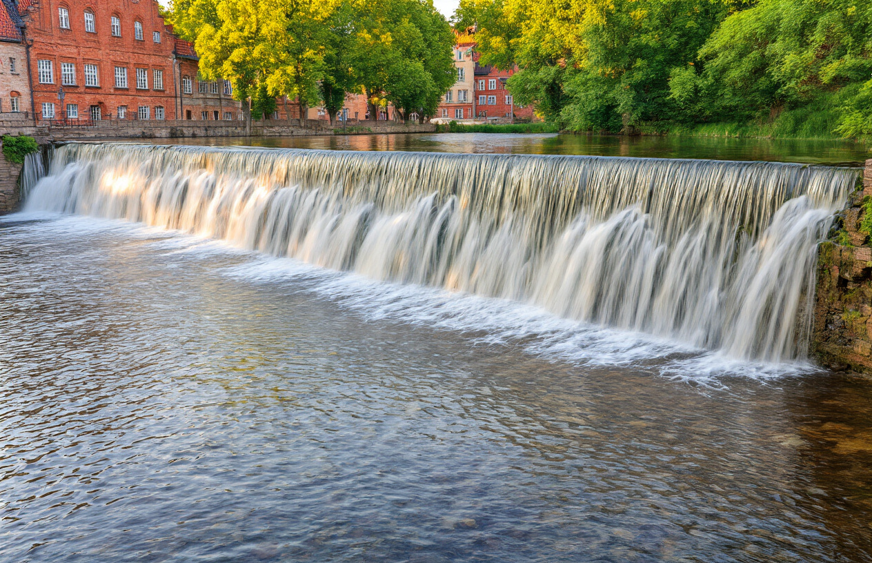 realistic image of the Ventas Rumba waterfall in Kuldiga, Latvia, showcasing Europe's widest waterfall as a wide, shallow curtain of water cascading gently over a natural stone ledge across the Venta River, surrounded by lush green trees and historic red-brick buildings of a quiet, charming old town in the background, with soft golden afternoon light reflecting off the water's surface, creating a serene and slightly mystical atmosphere that evokes a sense of a hidden, undiscovered place frozen in time. Absolutely NO text should be in the scene.