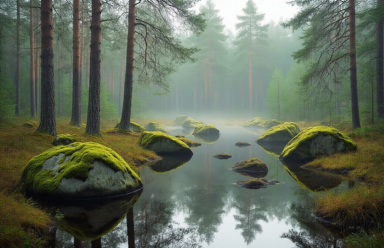 realistic image of a pristine, unspoiled forest landscape in Lahemaa National Park, Estonia, featuring ancient moss-covered boulders scattered among tall pine and birch trees, with a calm, mirror-like bog lake reflecting the surrounding greenery and a soft, misty morning light filtering through the trees, evoking a sense of peaceful solitude and untouched wilderness, with no signs of tourism or human development in sight. Absolutely NO text should be in the scene.