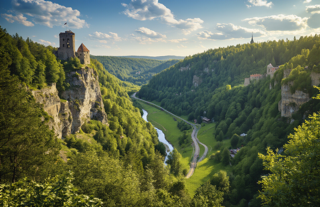 realistic image of a dramatic Latvian landscape in Sigulda, featuring a lush green valley with the winding Gauja River below, surrounded by dense forested cliffs and medieval castle ruins perched on a rocky hillside, with a zip-line or bobsled track visible in the distance, bathed in golden afternoon sunlight that highlights the adventure destination atmosphere, evoking an Alpine-like grandeur in a Baltic setting. Absolutely NO text should be in the scene.